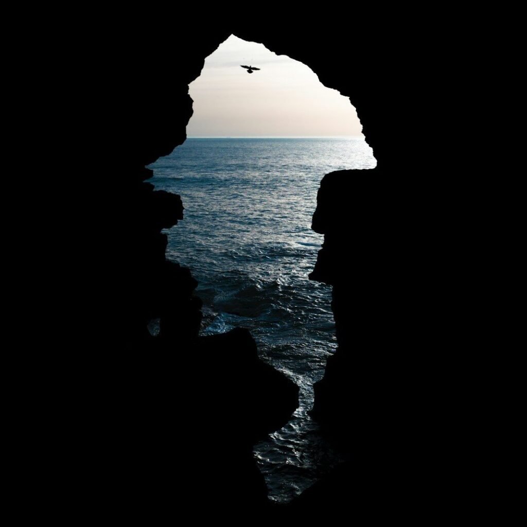 a bird flying over the ocean from a cave