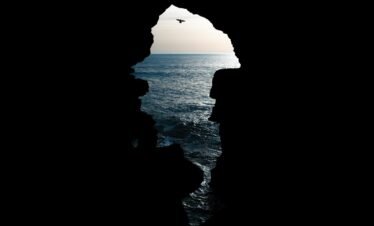 a bird flying over the ocean from a cave